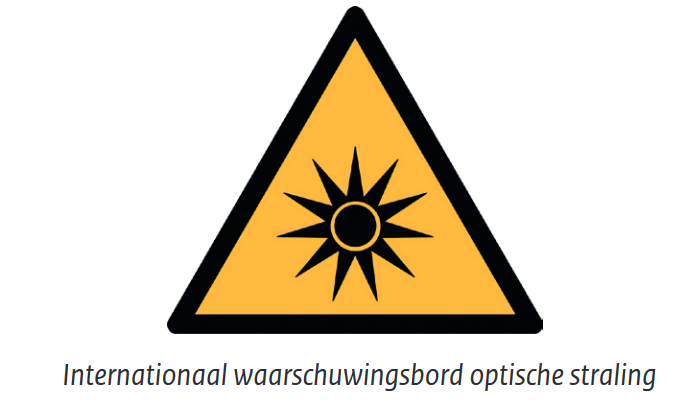 pictogram van stralingsgevaar-gele driehoek met zwarte rand en in het midden een zwarte zon op gele achtergrond - het internationale waarschuwingsbord voor optische straling.